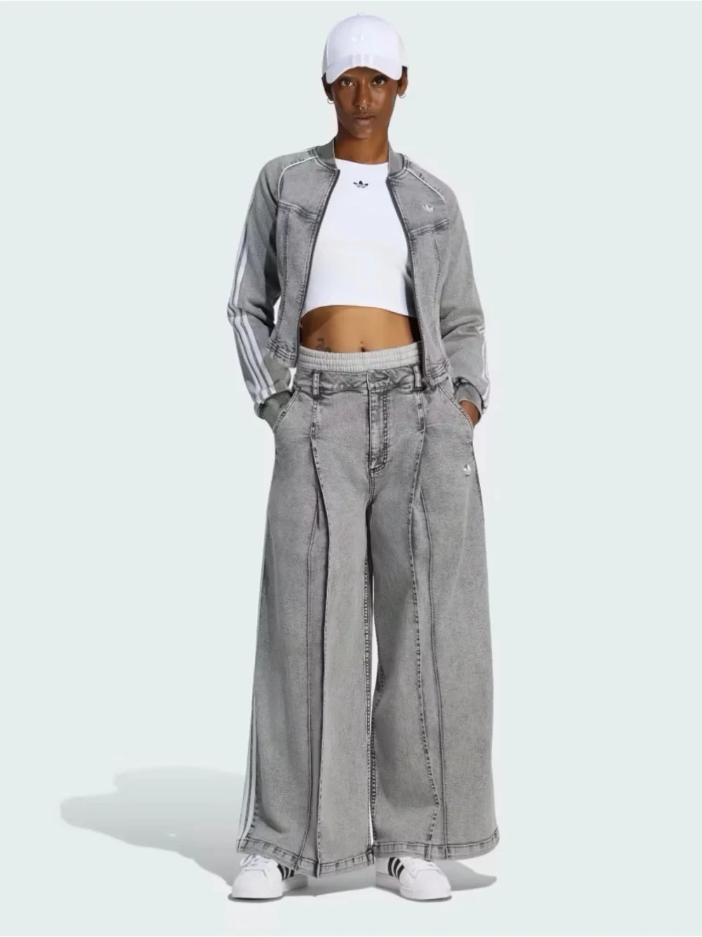 adidas Washed Grey Wide-Leg Flare Jeans with White Side Stripes